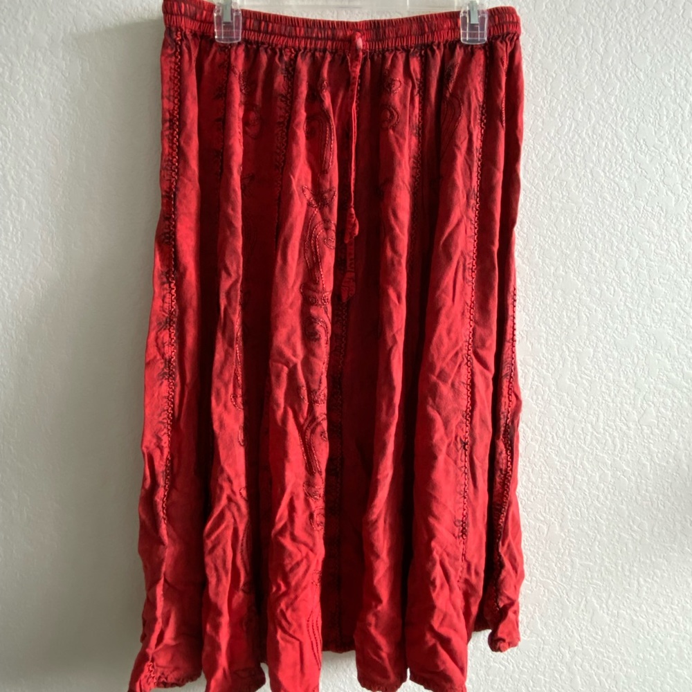 Red embroidered midi skirt
